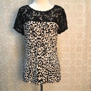WHBM Short Sleeve Lace and Animal Print Top